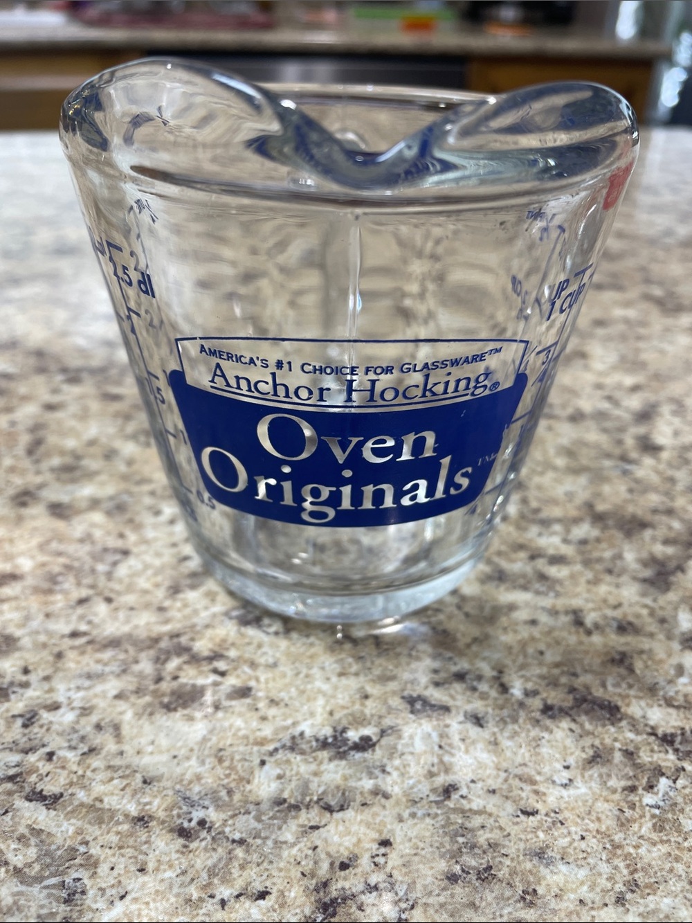 Anchor Hocking Oven Originals 496 Blue Lettering 1 Cup Clear Glass Measuring Cup